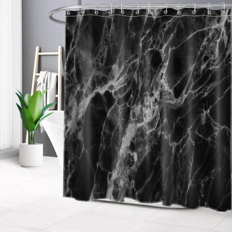 LB Black Marble Shower Curtain Abstract Natural Black Grey Marble Bathroom Curtain 72x72 inch Waterproof Polyester Fabric Bath Curtain Hooks Included - Image 2